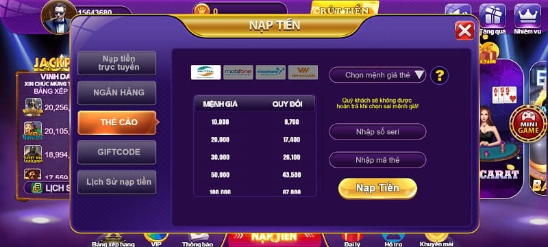 Nạp tiền 68 game bài bằng thẻ cào hết sức dễ dàng